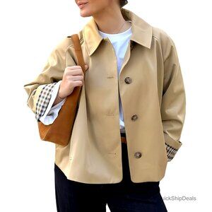Cropped Trench Coat Lightweight Single Breasted Long Sleeve Jacket